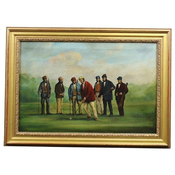 Original Oil on Canvas Painting of 6 Golfers Watching Red Jacket Golfer Tee Off - Framed