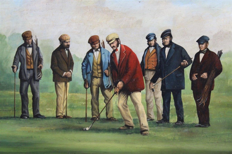 Original Oil on Canvas Painting of 6 Golfers Watching Red Jacket Golfer Tee Off - Framed
