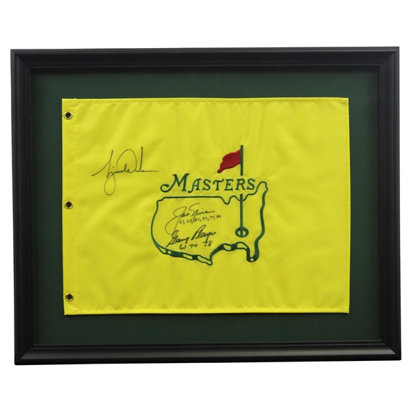 Tiger Woods, Jack Nicklaus (w/Years) & Gary Player (w/Years) Signed Masters Undated Flag - Framed JSA ALOA