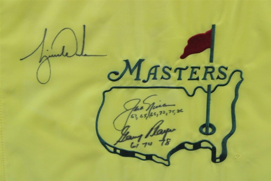 Tiger Woods, Jack Nicklaus (w/Years) & Gary Player (w/Years) Signed Masters Undated Flag - Framed JSA ALOA