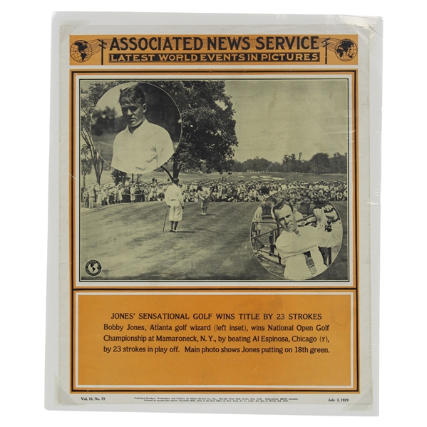Original 1929 Associated News Service Poster with Bobby Jones & Al Espinosa - July 3, 1929 