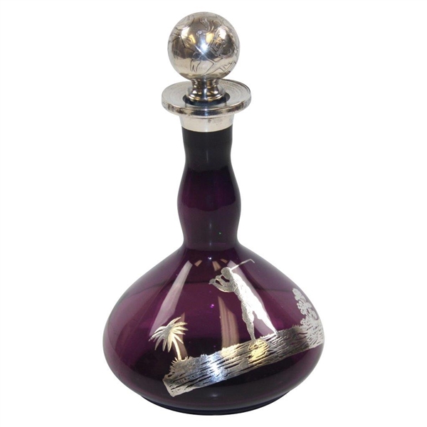 Purple Golf Themed Sterling Overlay on Glass Decanter with Bulbous Bottom