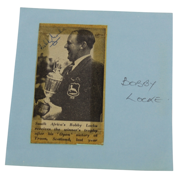 Bobby Locke Signed Small Newspaper Photo with Claret Jug on Card JSA LOA