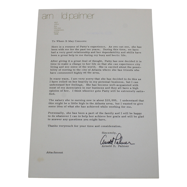 Arnold Palmer Signed 1972 Job Reference Letter For Patty Aikens JSA ALOA