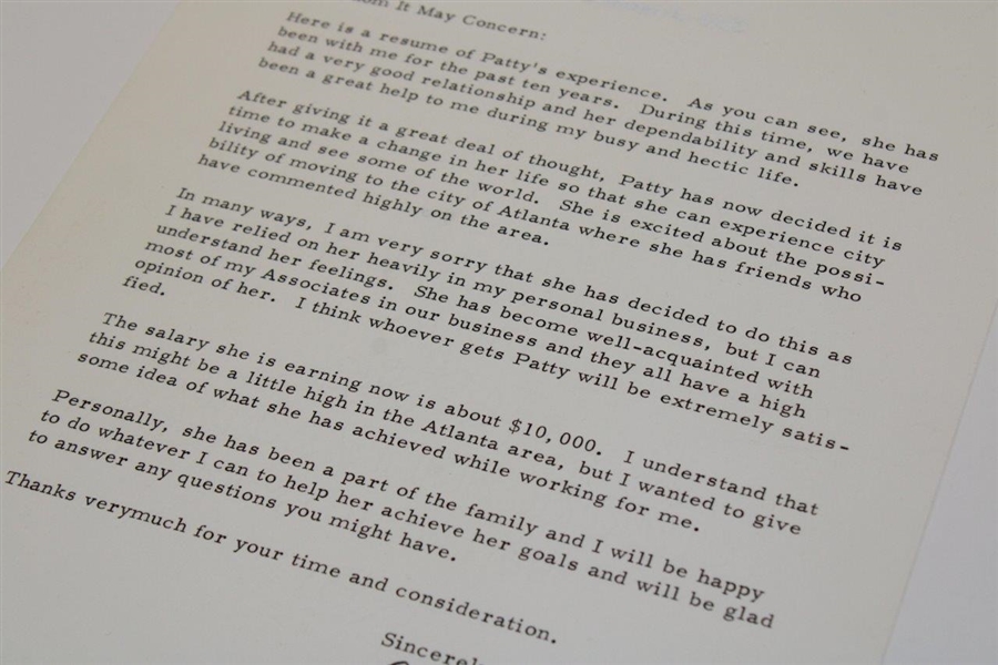 Arnold Palmer Signed 1972 Job Reference Letter For Patty Aikens JSA ALOA