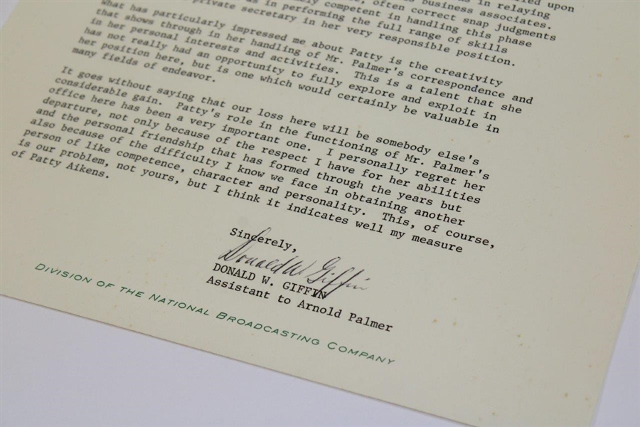 Donald 'Doc' Giffin Signed 1972 Job Reference Letter For Patty Aikens JSA ALOA