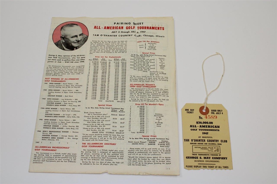 1947 All-American Golf Pairing Sheet & Ticket - Bobby Locke Win - Joe Louis Played
