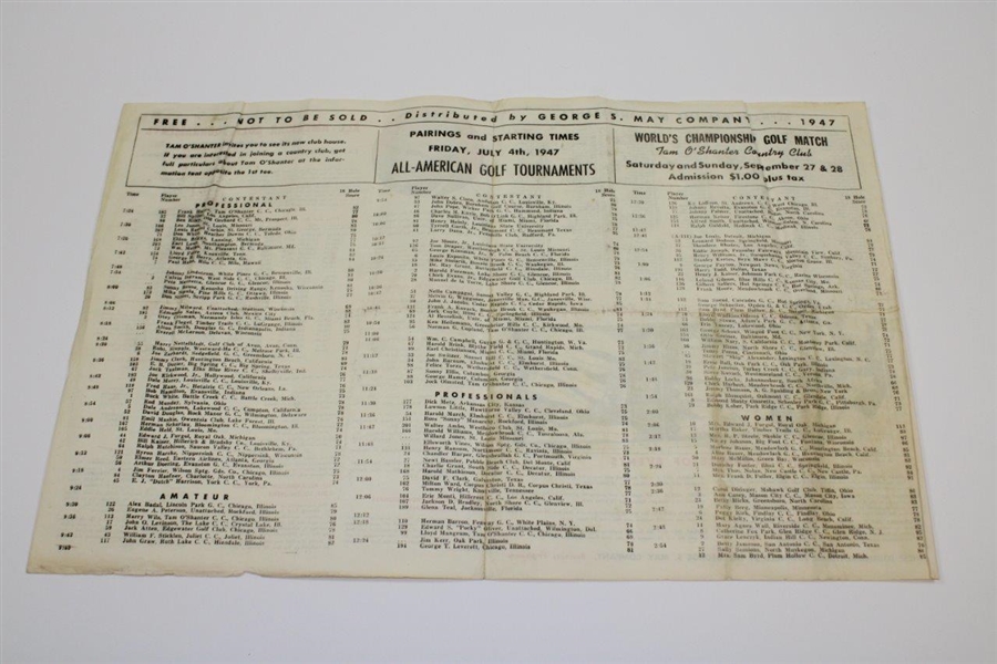 1947 All-American Golf Pairing Sheet & Ticket - Bobby Locke Win - Joe Louis Played