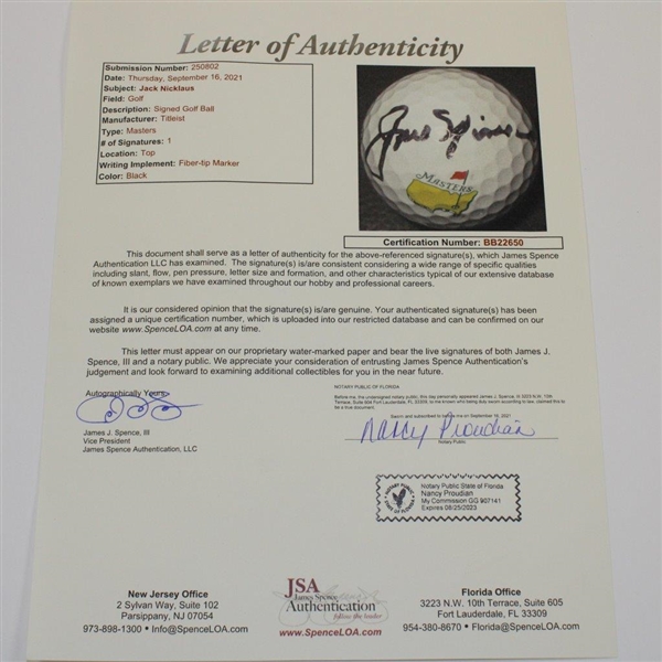 Jack Nicklaus Signed Titleist Masters Logo Pro V1 Golf Ball JSA #BB22650