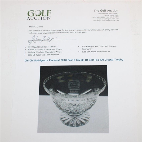 Chi-Chi Rodriguez's Personal 2010 Post It Greats Of Golf Pro-Am Crystal Trophy
