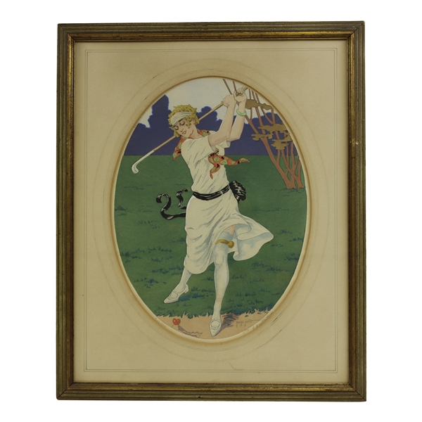 Circa 1930 Georges Grellet Ltd Ed Signed Lithograph 'Woman Golfer' - Framed