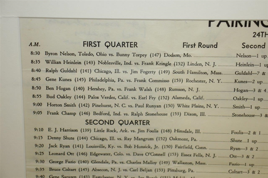 1941 PGA Championship Quarter Finals Pairing Sheet - Vic Ghezzi Defeats Byron Nelson in Finals