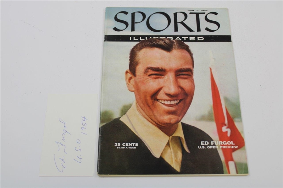 Ed Furgol Signed 3x5 Card 'U.S.O. 1954' with 1955 Sports Illustrated - June 20th JSA ALOA