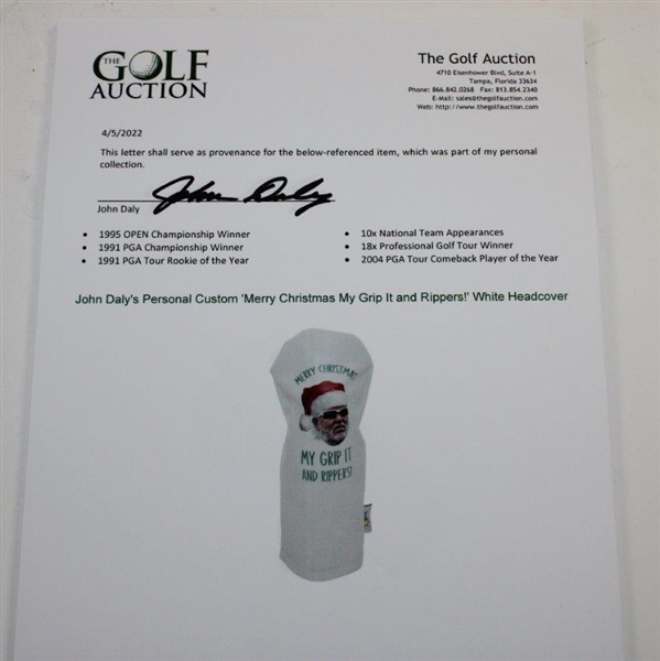 John Daly's Personal Custom 'Merry Christmas My Grip It and Rippers!' White Headcover