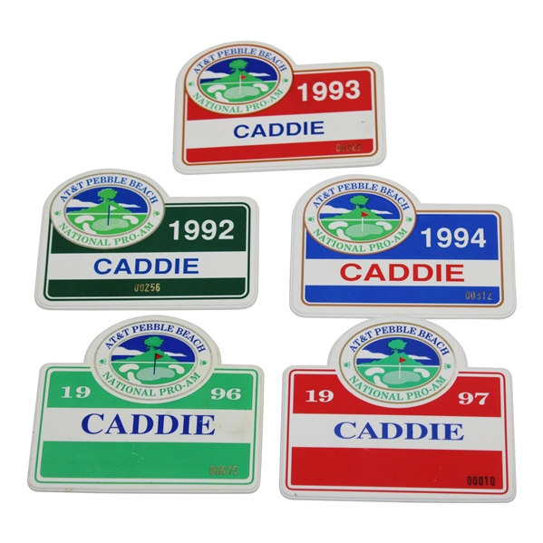 Five (5) Various AT&T Pebble Beach Caddy Badges - 1992-1997