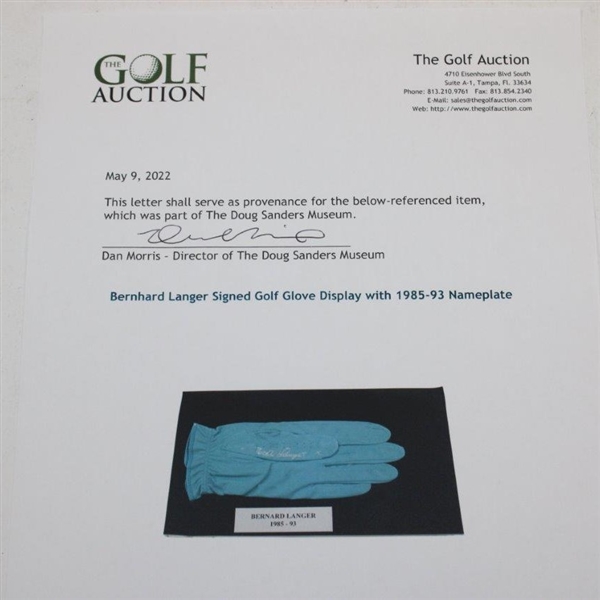 Bernhard Langer Signed Golf Glove Display with 1985-93 Nameplate JSA ALOA