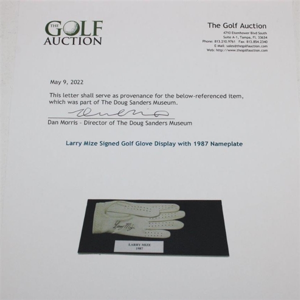Larry Mize Signed Golf Glove Display with 1987 Nameplate JSA ALOA