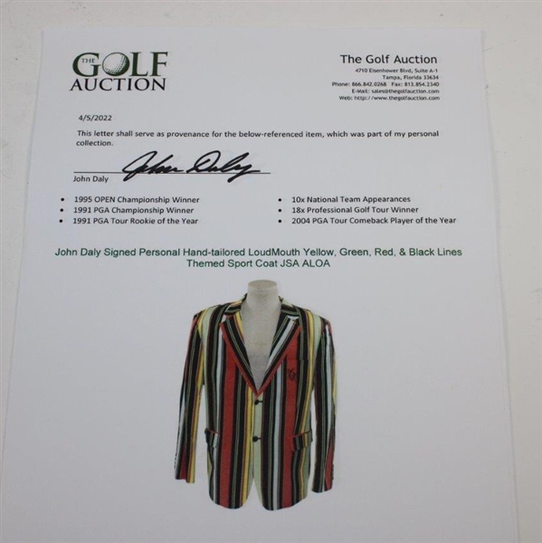 John Daly Signed Personal Hand-tailored LoudMouth Yellow, Green, Red, & Black Lines Themed Sport Coat JSA ALOA