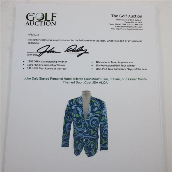 John Daly Signed Personal Hand-tailored LoudMouth Blue, Lt Blue, & Lt Green Swirls Themed Sport Coat JSA ALOA