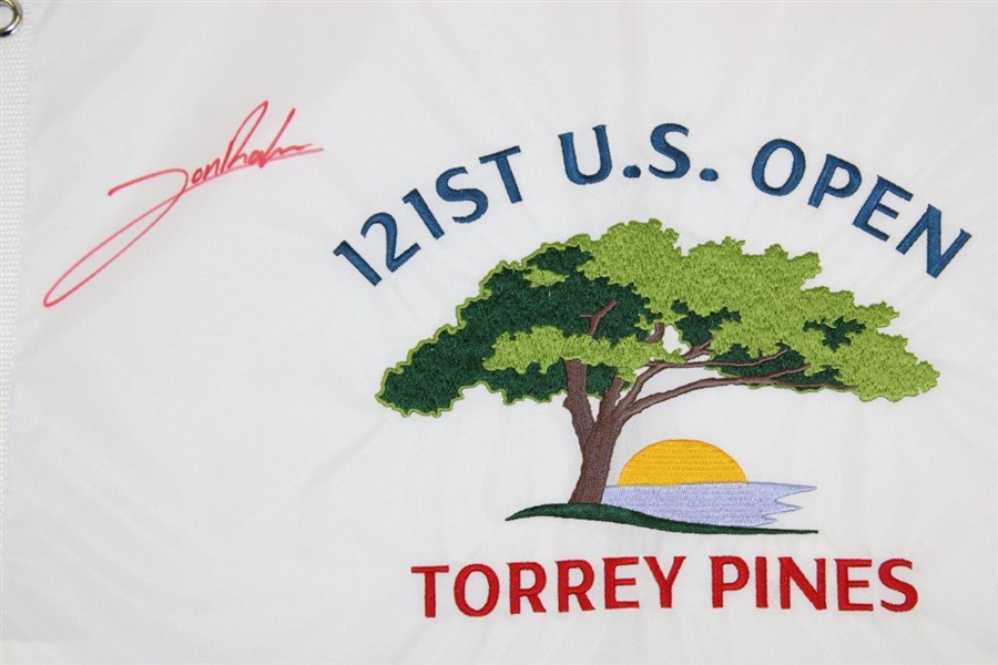Jon Rahm Signed 2021 Us Open at Torrey Pines White Embroidered Flag JSA ALOA