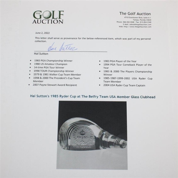 Hal Sutton's 1985 Ryder Cup at The Belfry Team USA Member Glass Clubhead