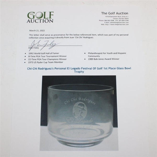 Chi-Chi Rodriguez's Personal El Legado Festival Of Golf 1st Place Glass Bowl Trophy
