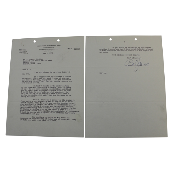 Bobby Jones Signed 1956 Vouch Letter to Bill Clothier Tennis HoF JSA ALOA