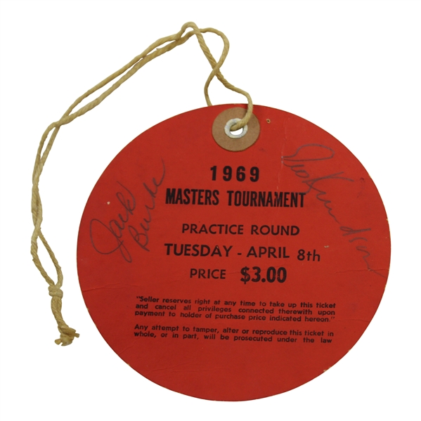 Palmer, Casper, Burke & others Signed 1969 Masters Tuesday Ticket #959 JSA ALOA