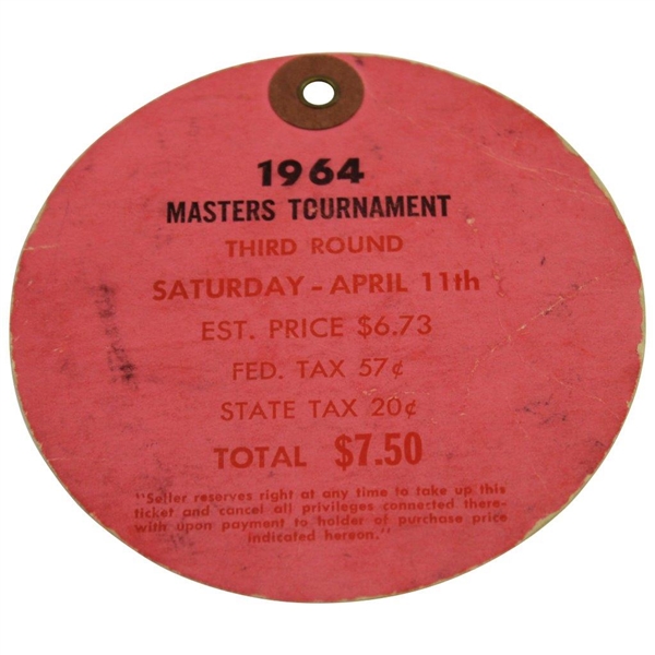 Arnold Palmer Signed 1964 Masters Tournament Saturday Ticket JSA ALOA