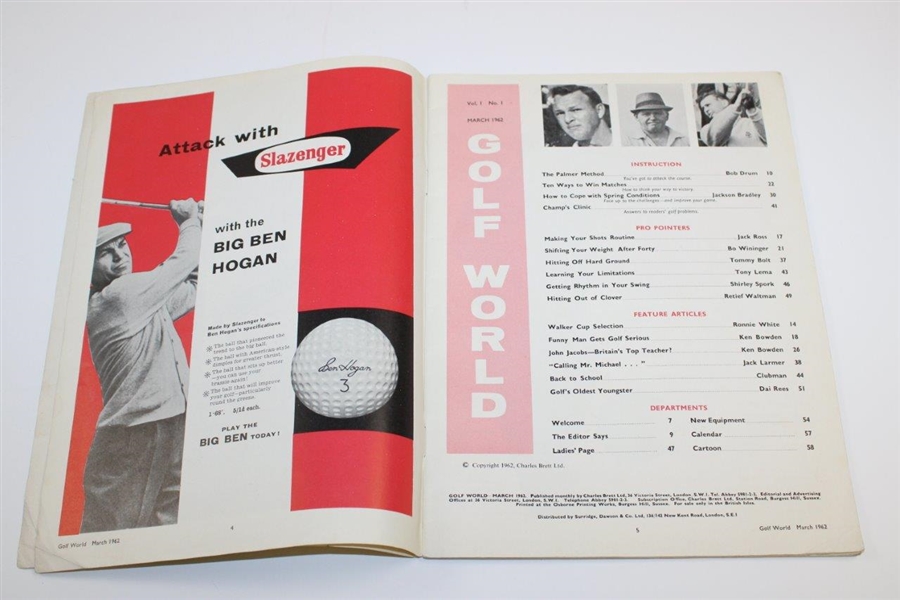 1962 'Golf World' UK March Magazine with Arnold Palmer on Cover - First Issue!