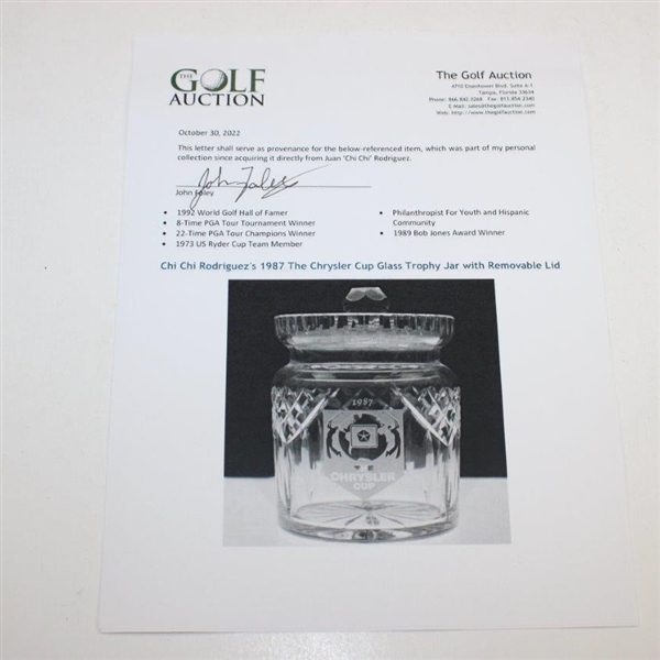 Chi Chi Rodriguez's 1987 The Chrysler Cup Glass Trophy Jar with Removable Lid