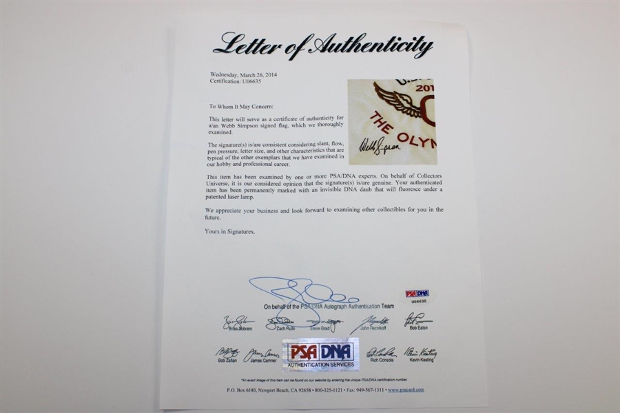 Webb Simpson Signed 2012 US Open at The Olympic Club Embroidered Flag PSA/DNA #U06635