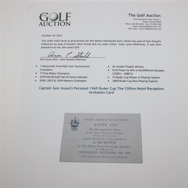 Captain Sam Snead's Personal 1969 Ryder Cup The Clifton Hotel Reception Invitation Card