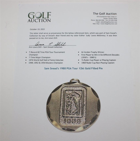 Sam Snead's 1988 PGA Tour 12kt Gold Filled Pin