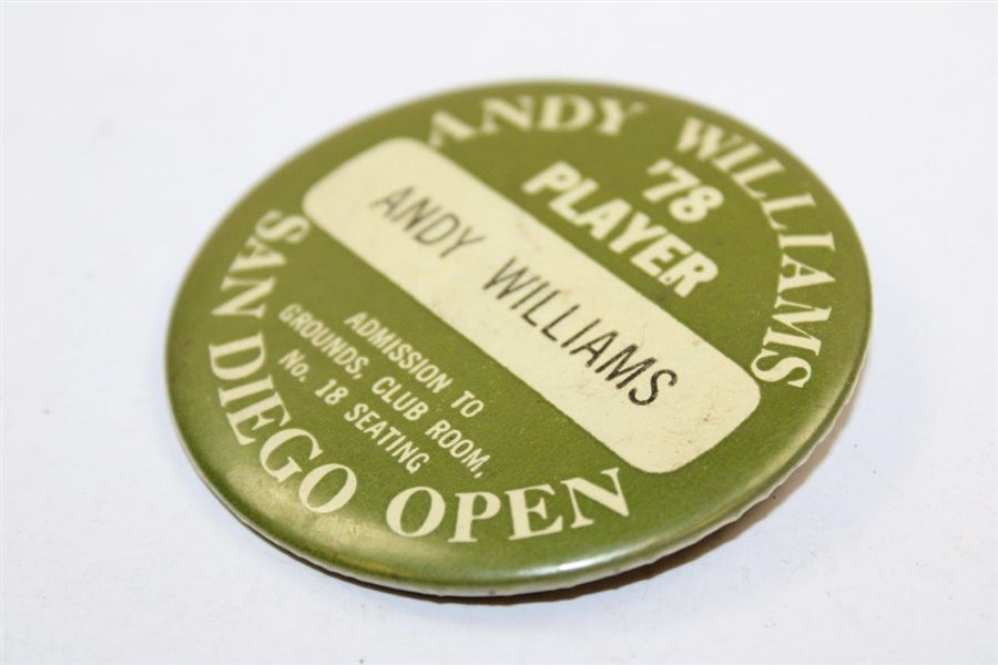 Andy Williams' 1978 Player Badge to Andy Williams San Diego Open - Linn Strickler Collection