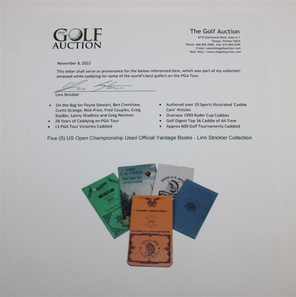 Five (5) US Open Championship Used Official Yardage Books - Linn Strickler Collection