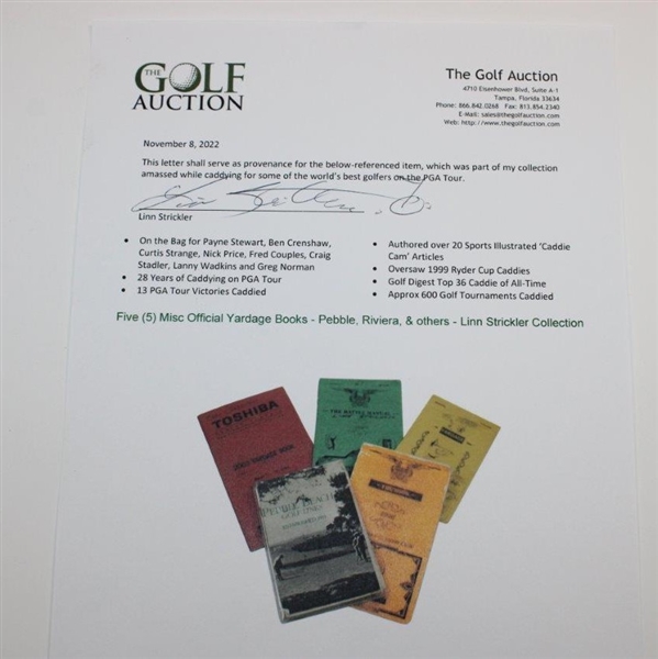 Five (5) Misc Official Yardage Books - Pebble, Riviera, & others - Linn Strickler Collection