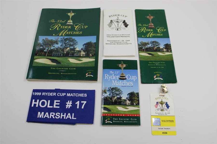 1999 Ryder Cup Lot w/Pullover, Badge, Manual, Hole 17 Marshal Band, Spec Guide & Program