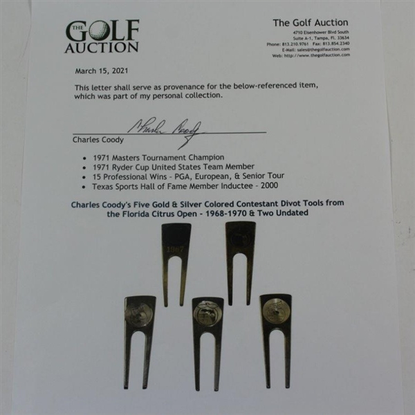 Charles Coody's Five Gold & Silver Colored Contestant Divot Tools from the Florida Citrus Open - 1968-1970 & Two Undated