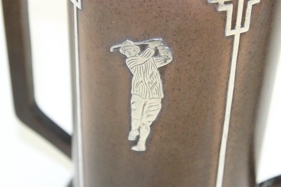 Large Sterling On Bronze Art Deco Trimmed Two Handled Golf Trophy   