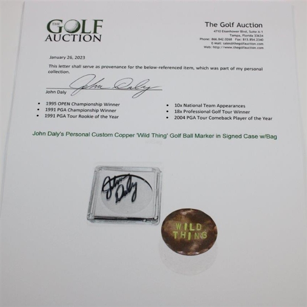 John Daly's Personal Custom Copper 'Wild Thing' Golf Ball Marker in Signed Case w/Bag JSA ALOA