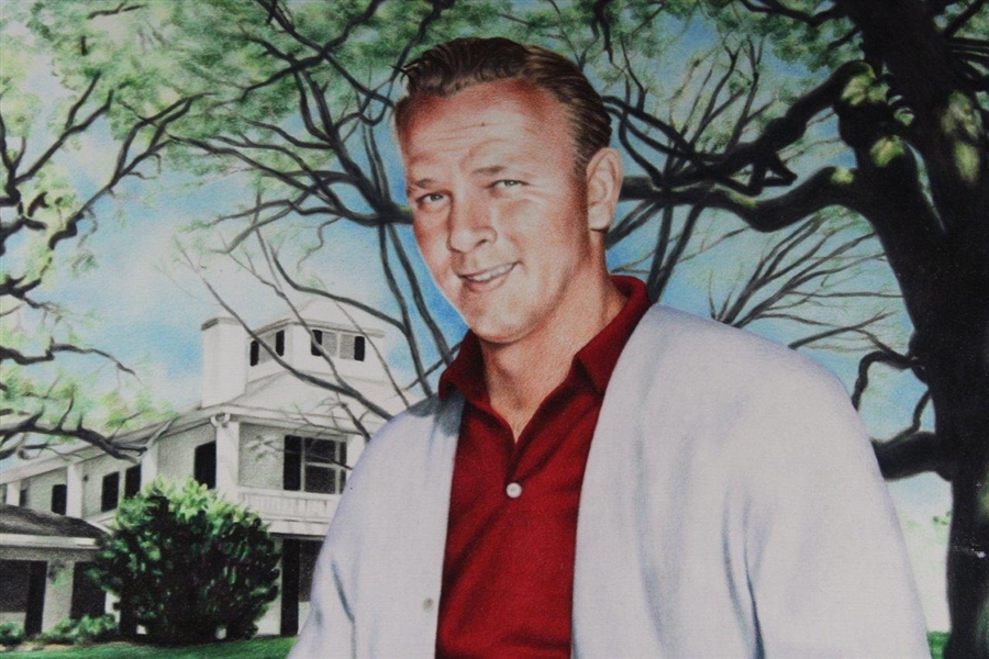 Arnold Palmer with Augusta National Clubhouse & Major Wins Golf Bags Print
