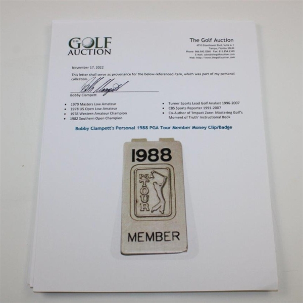 Bobby Clampett's Personal 1988 PGA Tour Member Money Clip/Badge