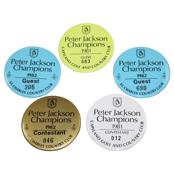 Sam Snead's Peter Jackson Champions Contestant & Guest Badges - 1981 & 1982