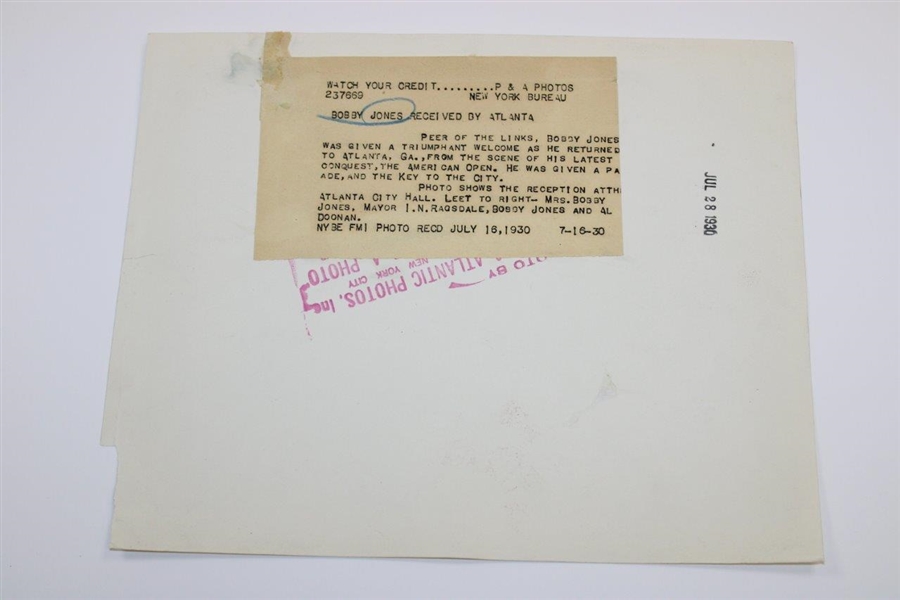 Bobby Jones 1930 Receives Key To The City In Atlanta Wire Photo - July 16th