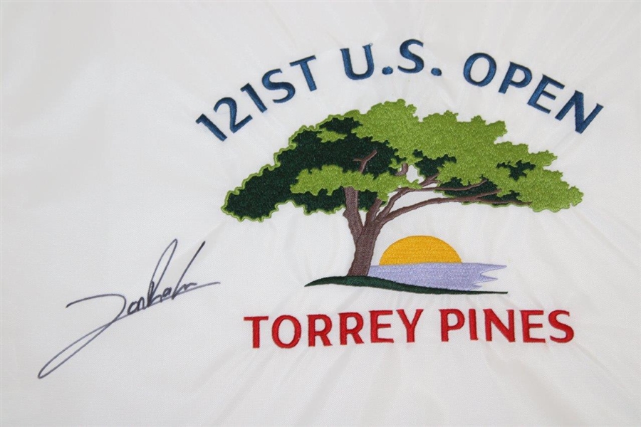 Jon Rahm Signed 2021 US Open at Torrey Pines White Embroidered Flag JSA ALOA