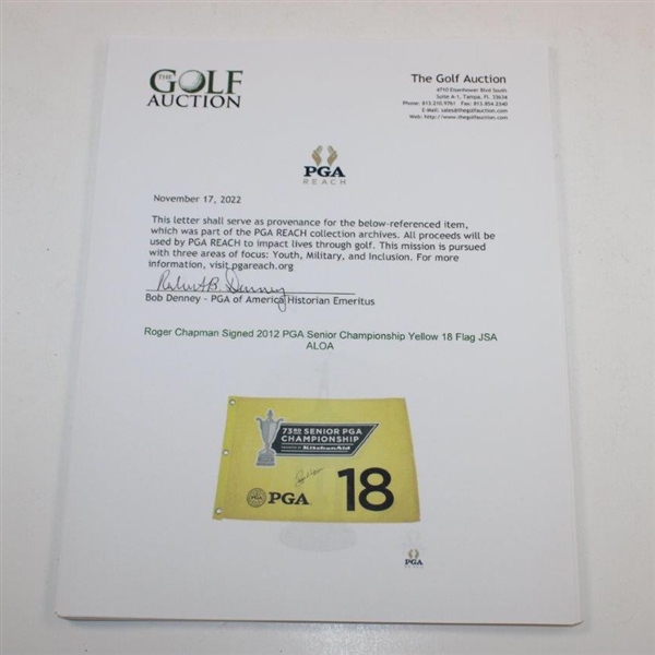 Roger Chapman Signed 2012 PGA Senior Championship Yellow 18 Flag JSA ALOA