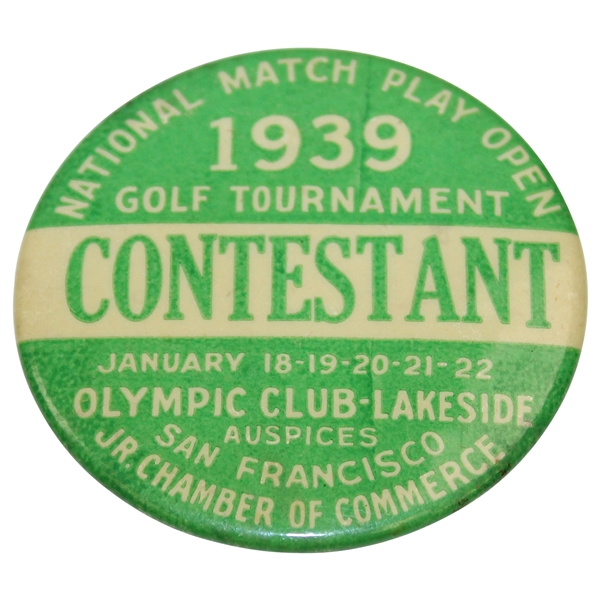 Ralph Hutchison's 1939 National Match Play Open at Olympic Club-Lakeside Contestant Badge
