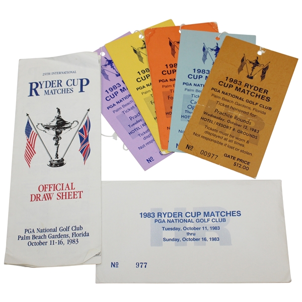 1983 Ryder Cup at PGA National Golf Club Ticket Set w/Envelope & Draw Sheet
