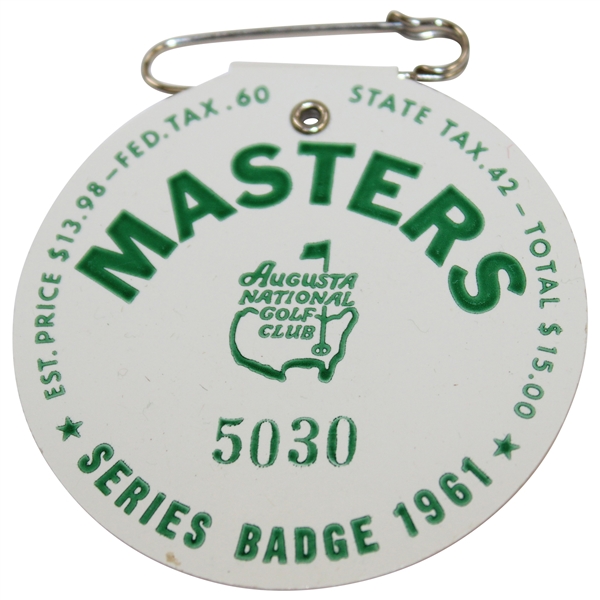 1961 Masters Tournament SERIES Badge #5030 w/Original Pin - Gary Player Winner